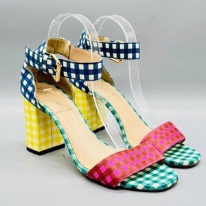 J. Crew Multicolor Gingham Block Heel Sandals